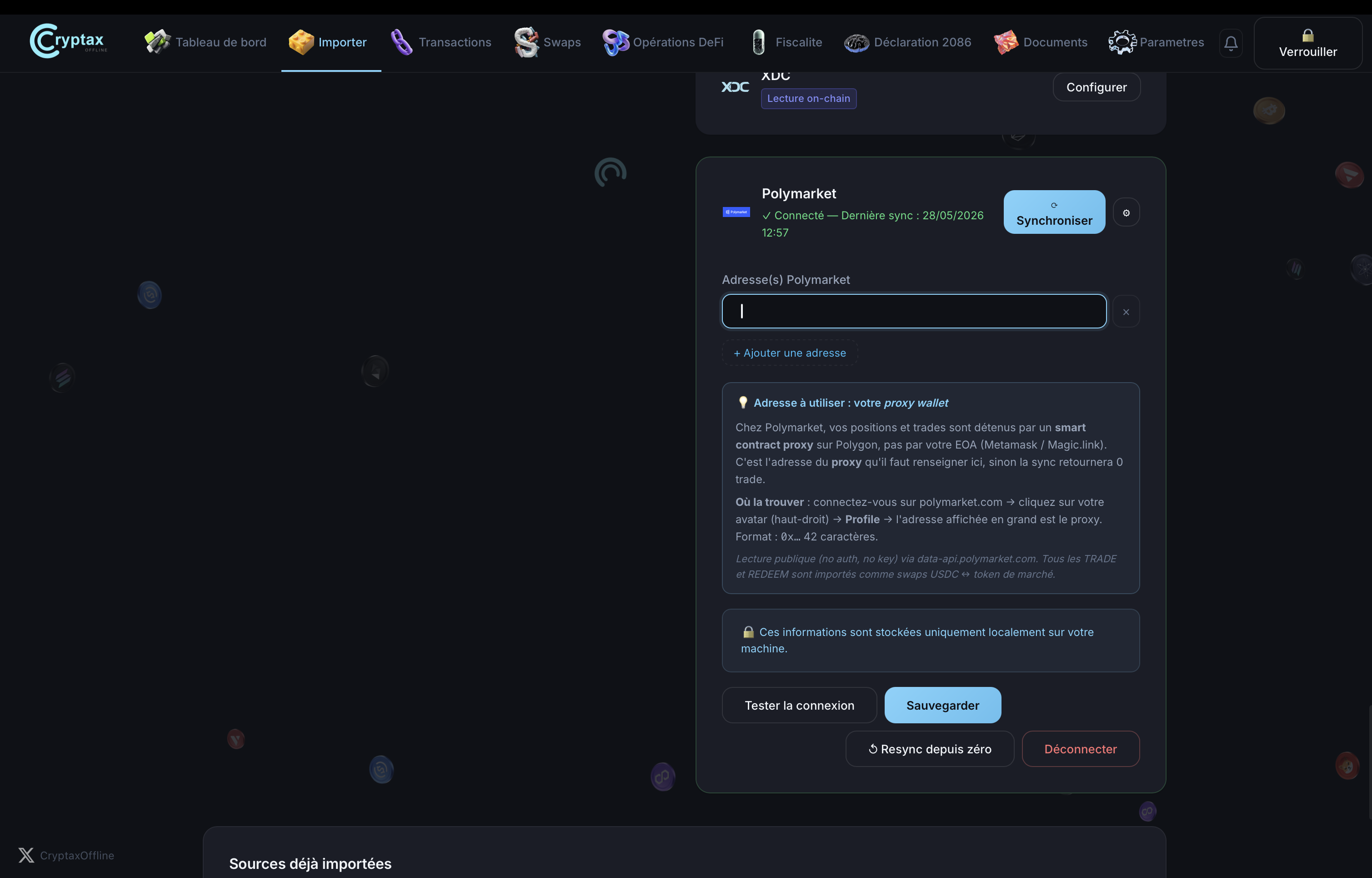 Écran d'import Polymarket dans CrypTax avec le champ d'ajout d'adresse proxy wallet et l'explication contextuelle