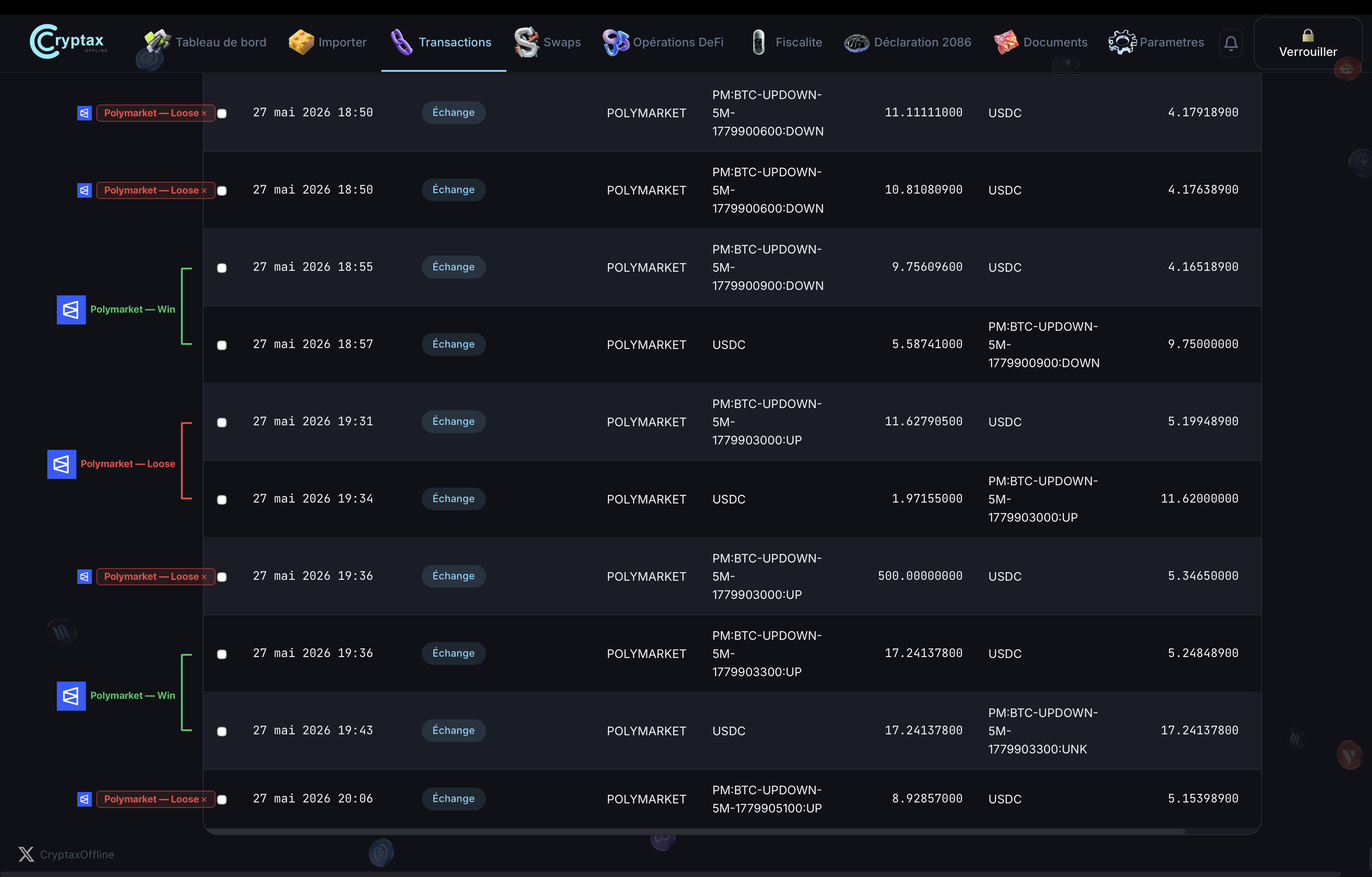 Liste des transactions Polymarket dans CrypTax avec badges Win et Loss pour chaque pari et conversion automatique en USDC