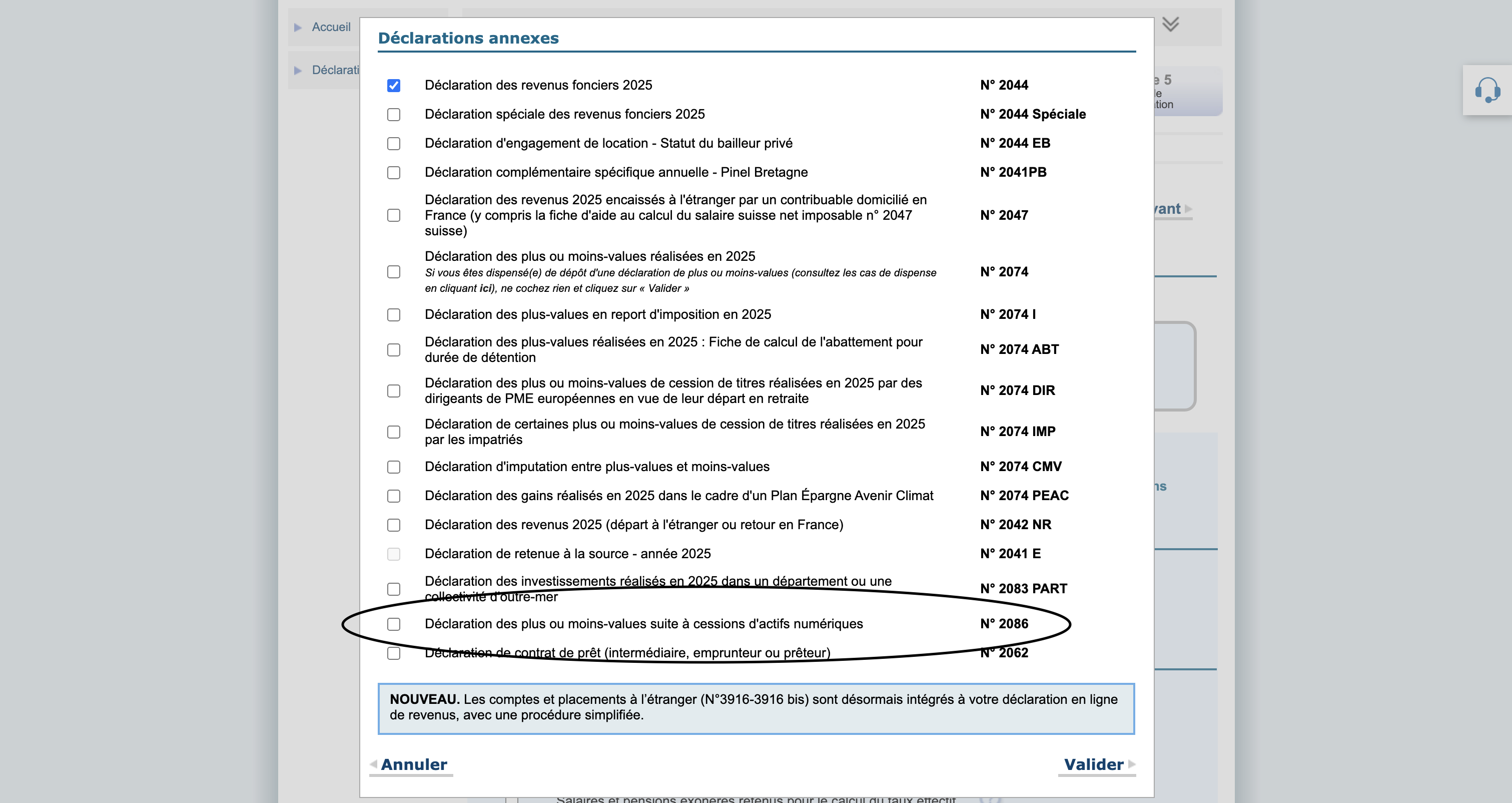 Liste des déclarations annexes sur impots.gouv.fr avec la case Déclaration 2086 plus-values cessions actifs numériques entourée
