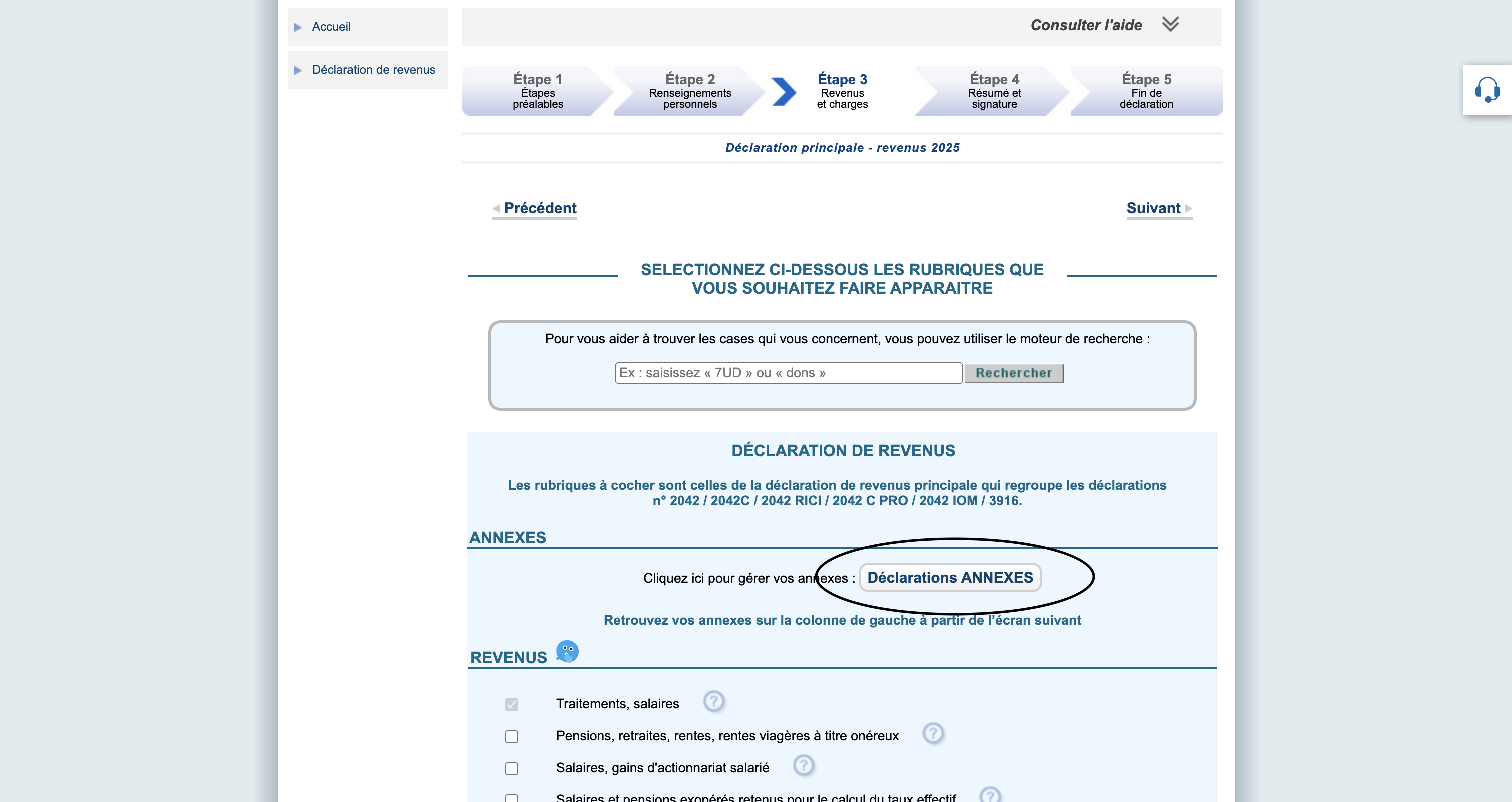 Étape 3 de la déclaration en ligne avec le bouton Déclarations ANNEXES entouré pour activer la 2086