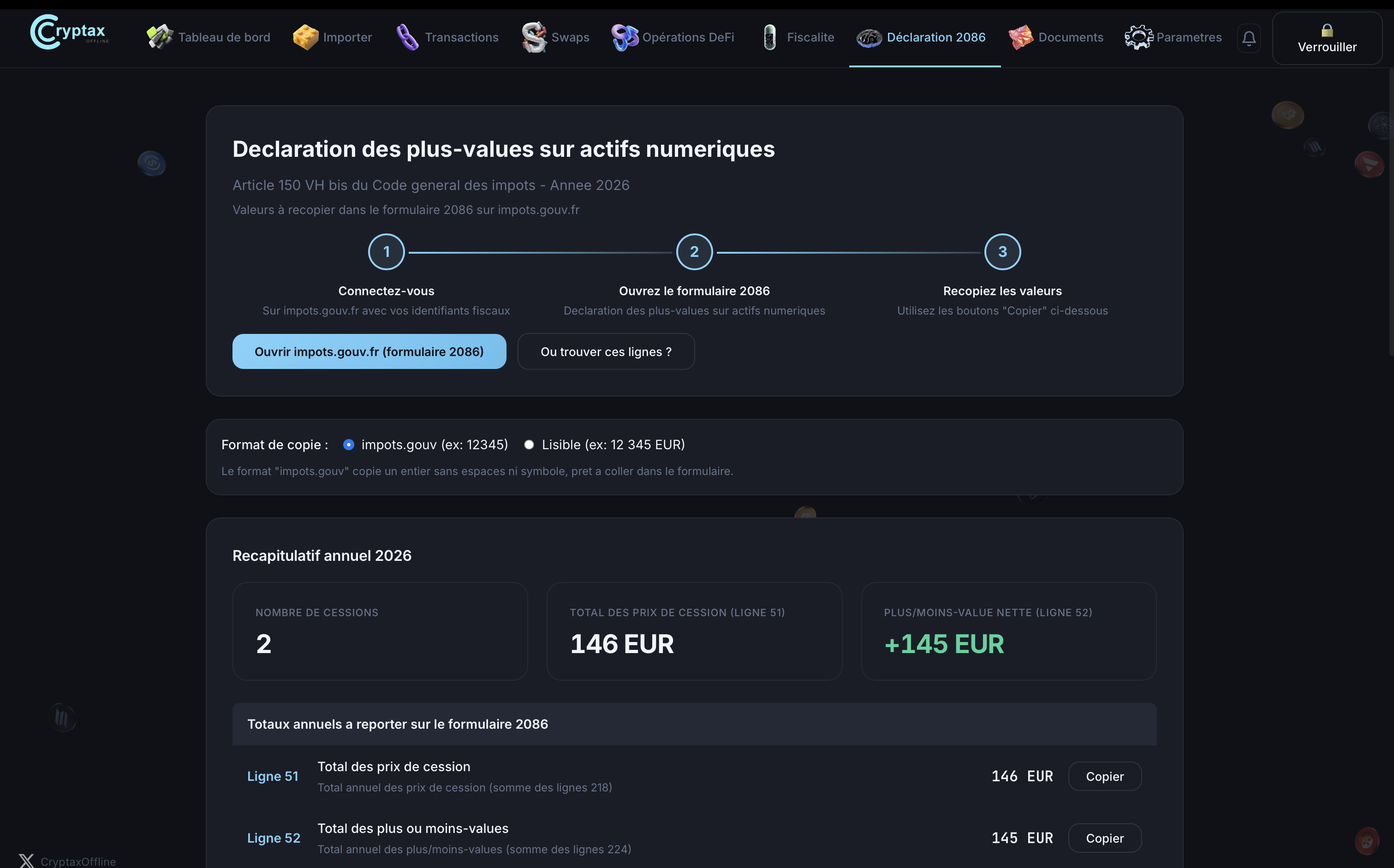 Vue d'accueil CrypTax pour la déclaration 2086 : récapitulatif annuel et totaux à reporter en lignes 51 et 52 du formulaire