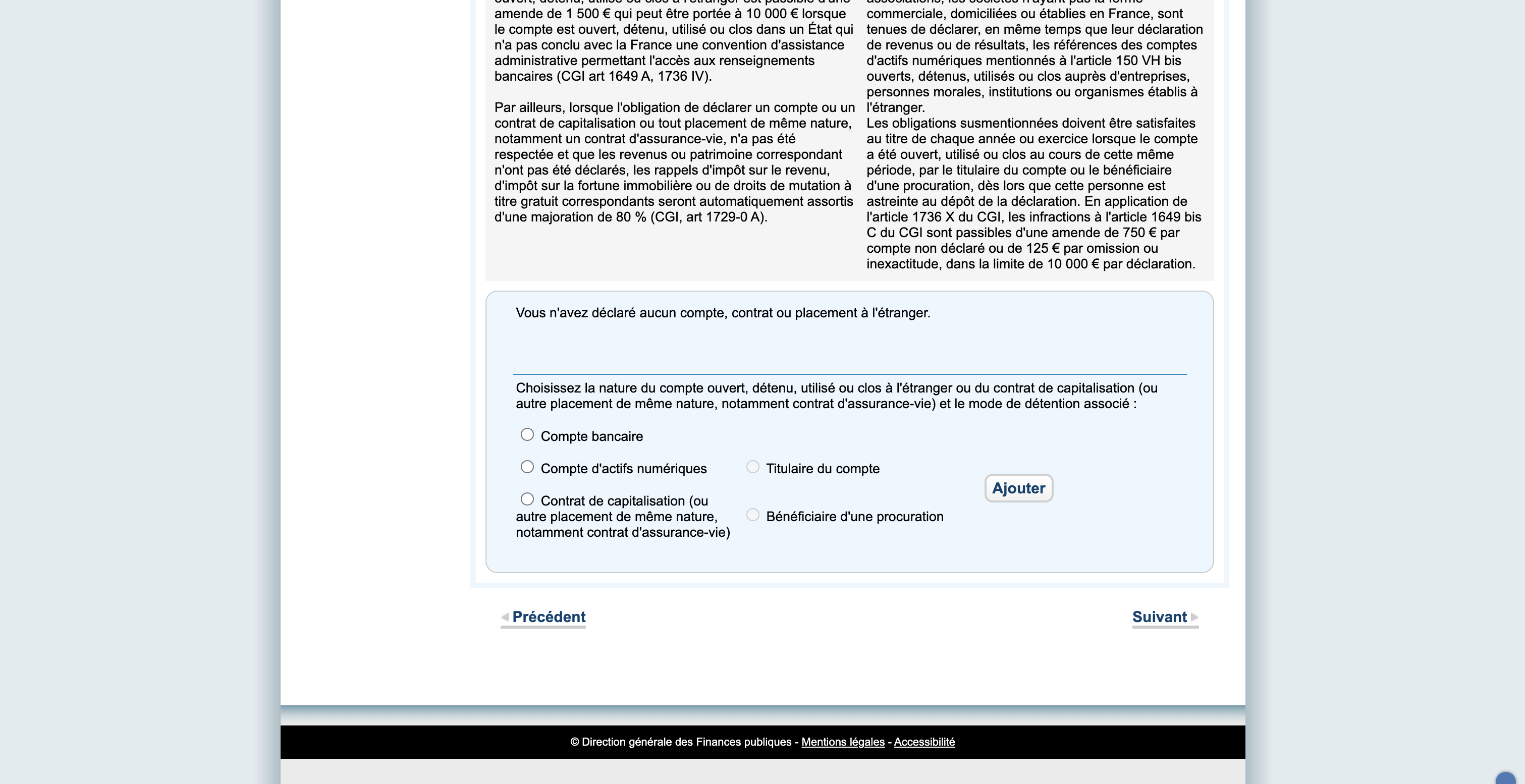 Sélection de la nature du compte à déclarer sur impots.gouv.fr : compte bancaire, compte d'actifs numériques, contrat de capitalisation, titulaire ou bénéficiaire d'une procuration
